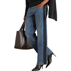 Huang's Women's High-Rise Wide Leg Jeans with Side Stripe, Medium Wash Denim, Black Stripe Detail