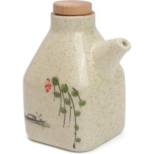 Soy Sauce Dispenser Ceramic, Japanese Style, Large Leakproof Vintage Bottle Holder Container with Cork Stopper for Oil Vinegar Condiment Liquid Barbecue Cooking Kitchen, 300ml