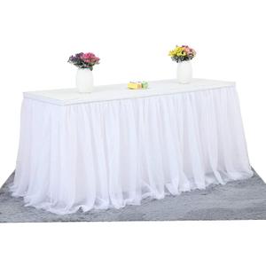 Suppromo 14ft White Tulle Table Skirt Tutu Table Skirt Tablecloth Decorations for Rectangle or Round Tables for Birthday Party Baby Shower Wedding Buffet Banquet Decoration(L14(ft)*H 30in)