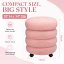 Lounsweer Pink Round Storage Ottoman with Swivel Wheels 14 x 16 Inch | Circle Vanity Stool with Storage, Modern Boucle Ottoman Stool, with Removable Lid for Dorm Home Bedroom Living Room, 18.3"D x 14.6"W x 14.2"H