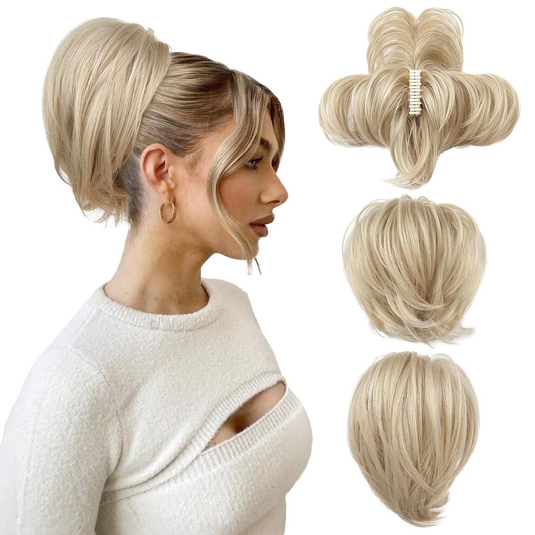 HOOJIH Ponytail Extension, Claw Clip in Straight Messy Hair Bun 9 Inch Short Ponytail Extension with Bendable Metal Wire Hair Pieces for Women Fake Hair Bun DIY Styles - Medium Blonde with Highlights