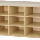 DINZI LVJ Shoe Storage Bench with Cushion, 15-Cubby Shoe Rack, Adjustable Shelves, Long Shoe Organizer Bench for Entryway, Mudroom, Hallway, Living Room, Bedroom and Garage, Natural