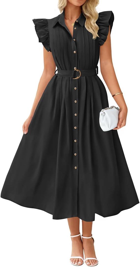ZESICA Womens Summer Button Midi Dress Casual Work Dresses | Belted Dress,Button Down,Flutter Short Sleeve Dress with Pockets,Travel Vacation Dress,Business Casual Dress,Fashion Clothes (Black)