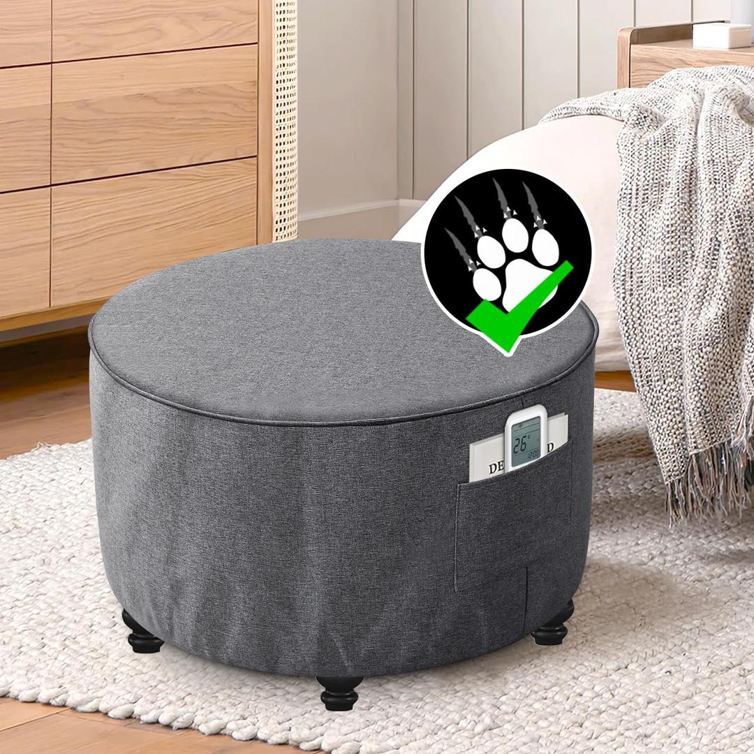 H.VERSAILTEX Round Ottoman Cover Thick Linen Look Ottoman Slipcover Round Ottoman Storage Cover Folding Stool Covers Furniture Protector Cover for Footrest Ottoman Fit Dia 24" - 26", Heather Grey