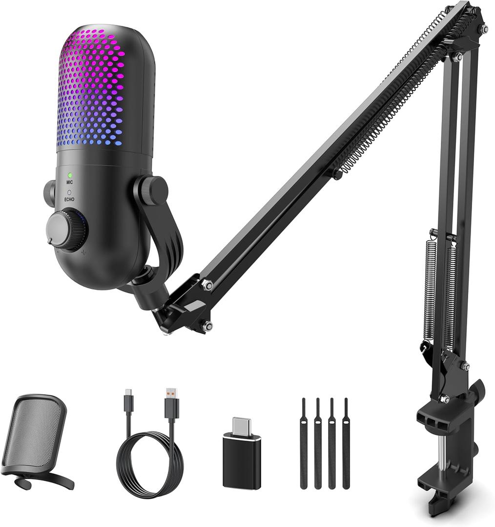 USB Microphone for PC Gaming: Gaming Equipment Condenser Microphone RGB for Gamer with Boom Arm Mic - Recording Mic for Computer & Laptop with Mute - Desk Podcast Mic for Podcast & Streaming & Youtube