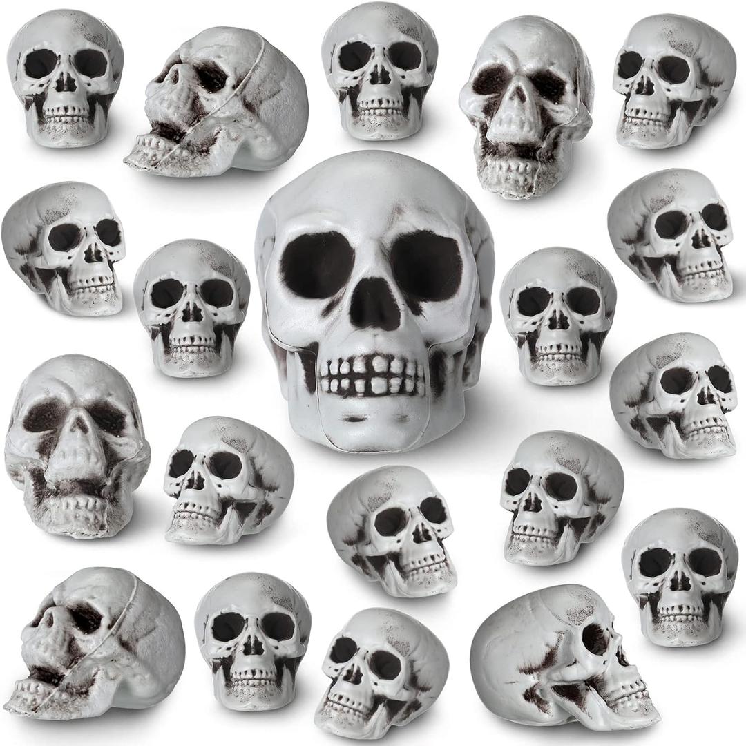 Aoriher 20 Pieces Halloween Skull Plastic Realistic Looking Skeleton Skull Human Skeleton Head Fake Decor Miniatures for Crafts Halloween Decorations for Home Table Bar Decor, 3 Sizes(Medium)
