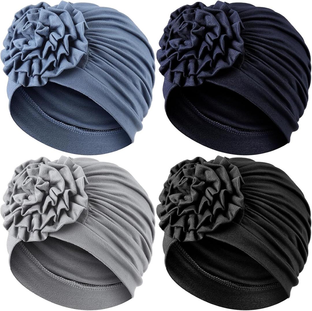 JenPen 4 Pcs Chemo Turban Headwear for Women Soft Cancer Cap Flower Turban Elastic Head Wrap for Cancer Patients Hair Loss