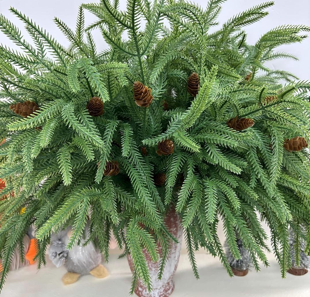 Christmas Norfolk Pine Stems -18Inch Artificial Christmas Green Plants Branch Faux Greenery Branches Pine Picks for Vase DIY Crafts Xmas Garland Wreath Indoor Outdoor Home Holiday Decor (12)