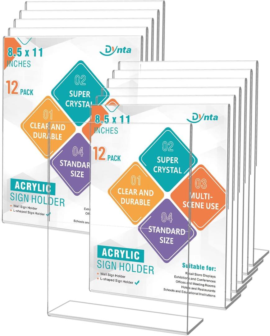 Dynta Acrylic Sign Holder 8.5x11 - 12 Pack L-shape Flyer Document Menu Holder, Clear Plastic Paper Holder Slanted Back Frame Display Stands for Weeding Office Home Photos Brochure Exhibition