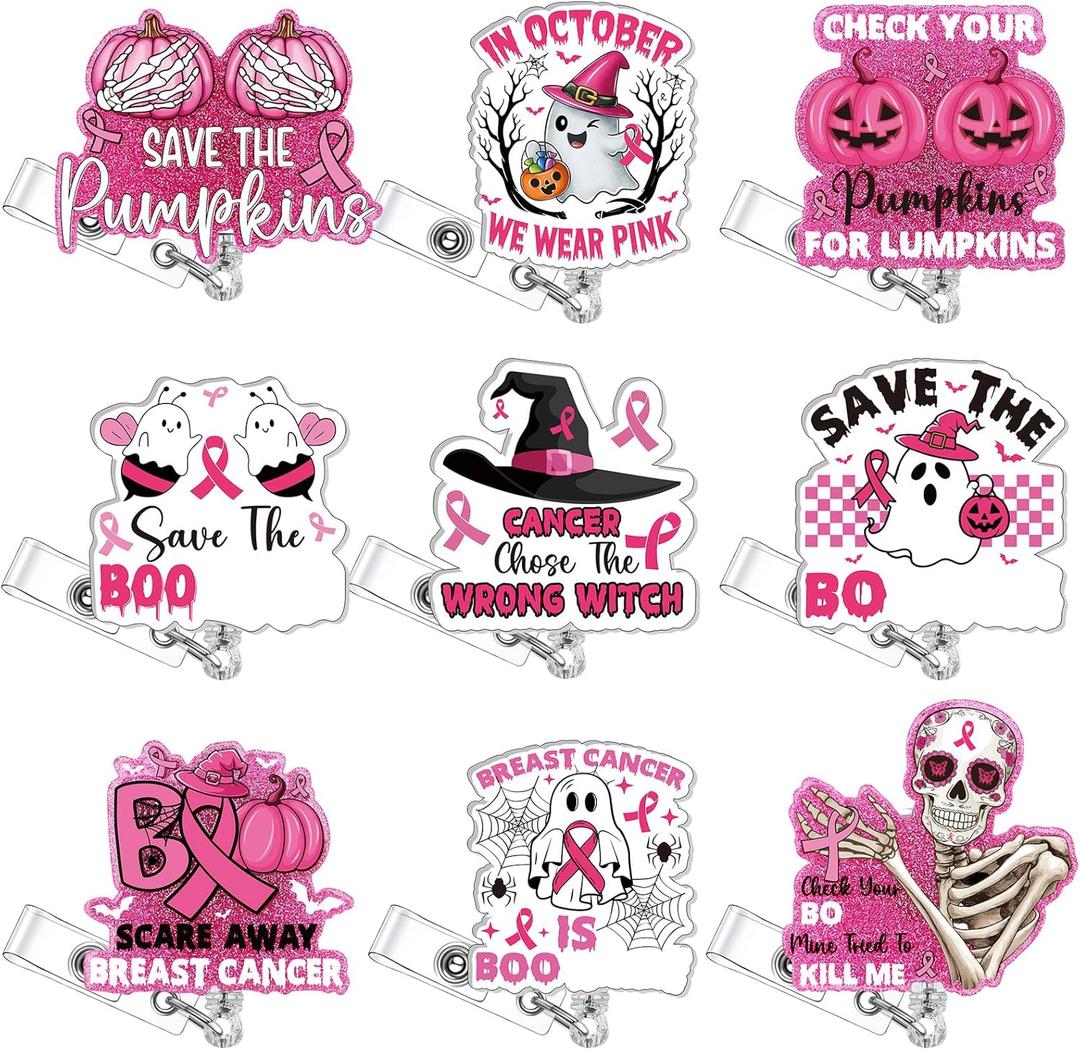 9 Pcs Halloween Nurse Badge Reel Retractable Pink Glitter Ghost Ghost Pumpkins Halloween Spooky Acrylic Badge Holder with ID Badges for Nursing Student Doctor Office Hospital