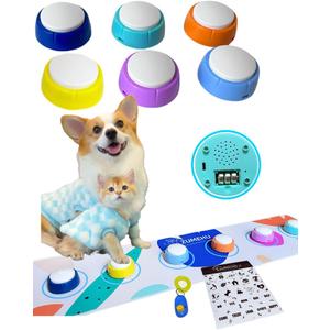 Dog Buttons for Communication Starter Kit - 6 Color Recordable Dog Buttons with Non-Slip Mat & Training Clicker, 0.5lb Easy-Press Talking Buttons for Small Dogs & Cats, Pre-Installed Battery