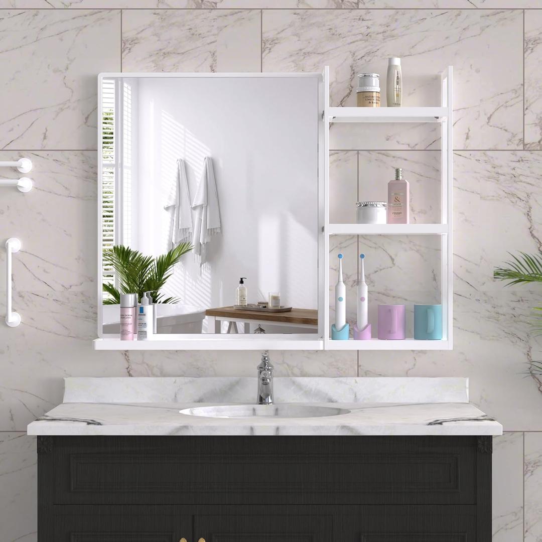 WONSTART White Metal Framed Bathroom Mirror with Shelf, 24.4 X 31 in Rectangular Wall Mounted Bathroom Vanity Mirror, Modern Bathroom Mirror with Storage for Over Sink, Entryway (White)