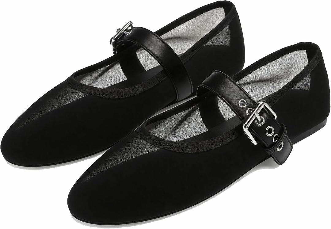 VOLEECE Mesh Ballet Flats for Women Buckle Strap Round Toe Mary Jane Flats Slip On Comfortable Casual Dress Ballerina Shoes, 9