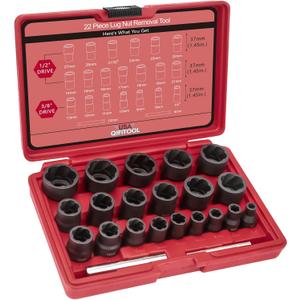22PCS Bolt Extractor Set, 1/2" and 3/8" Drive Easy Out Stripped Locking Lug Nut Removal Tool, Ez Out Wheel Lock Remover Kit for Extracting Damaged, Broken, Rusted Nuts & Screws(Red)