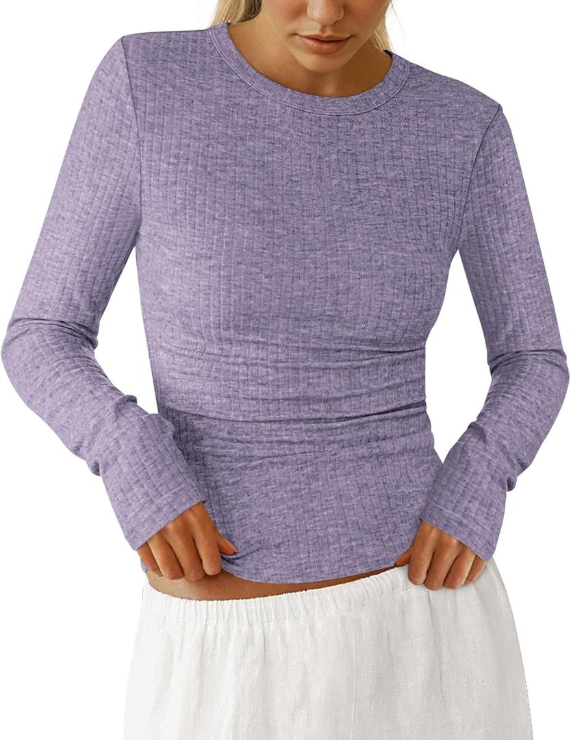 PRETTYGARDEN Womens Long Sleeve Shirts 2026 Ribbed Knit Slim Fitted Basic Tee Casual Going Out Tops Underscrubs Fall Clothing (L)