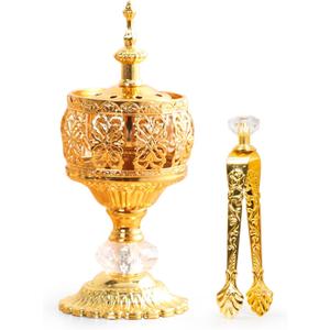 Gold Incense Burner Holder, Bakhoor Frankincense Charcoal Censer Resin Stand with Tongs, Ideal for Aromatherapy Yoga Spa, Home Christian Church Decor