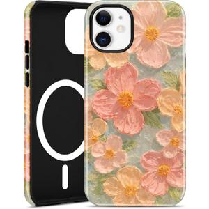 Jusy Compatible with MagSafe Floral Case for iPhone 16 Pro, Aesthetic Oil Painting Flower Magnetic Phone Case, Soft TPU and Hard PC Protective Cover for Women Girls (Shiny) - Green Flower