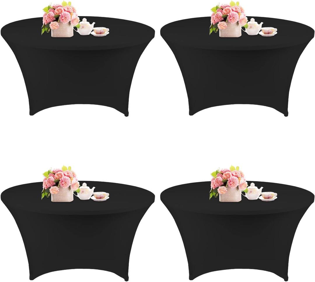 Fivenl 4 Pack 4FT Round Spandex Tablecloth 48 Inch Stretchable Table Cover Washable and Wrinkle Resistant Fitted Round Table Cloth for Wedding, Banquet, Birthday, Party, Restaurant (Black)