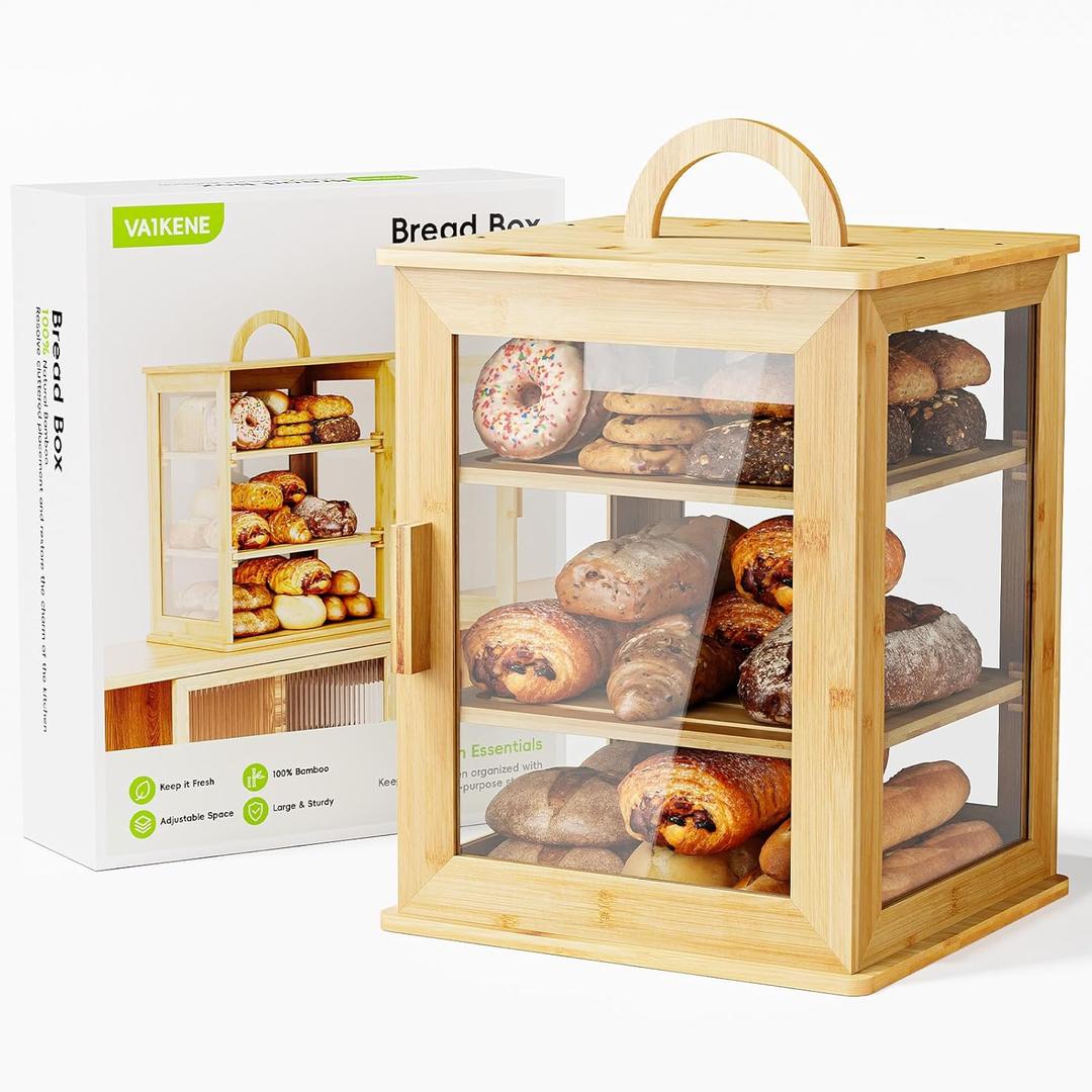 3-Tier Bread Box for Kitchen Countertop  Large Capacity Bread Storage for Homemade, Bamboo Farmhouse Counter Breadbox Organizer with Acrylic Window, Adjustable, Carry Handle