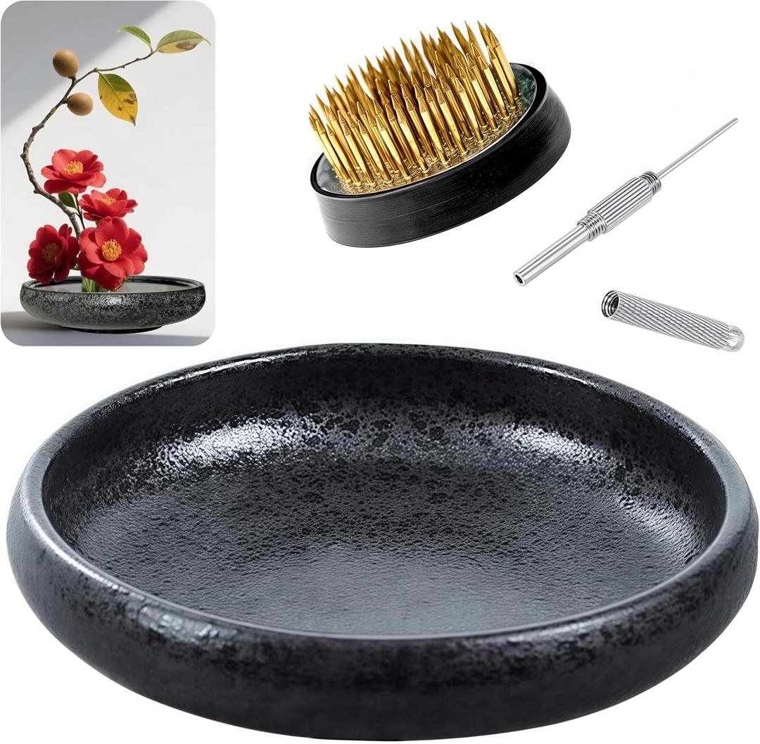 Japanese Ikebana Vase Kit, Flower Shallow Container Ceramics Ikebana Vase with 1.57inch Flower Frog and Floral Frog Floristry Kenzan Needle Straightening Tool (Frosted Bowl A with Spots)