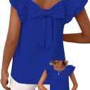 Falechay Womens Bow Tie Back Tops Round Neck Ruffle Short Sleeve Shirts Cute Babydoll Chiffon Tee Women Summer Trendy Tunic (Blue, XL)