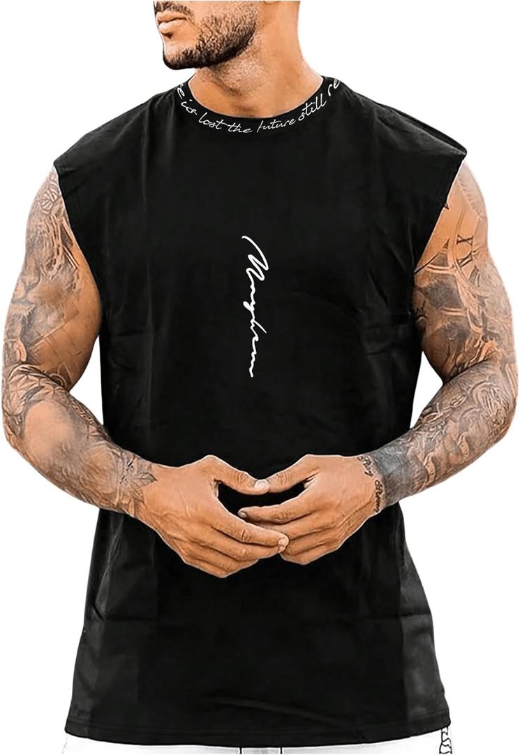 Men's Tropical Sleeveless Beach Tank Top Crew Neck Cut Off Vacation Summer Tanks (Black, M)