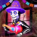 TURNMEON 4 Ft Day of The Dead Inflatable Sugar Skull Broke Out from Window with Sombrero Guitar, Dia De Los Muertos Decorations Halloween Blow Up Yard Decorations Built-in LED Outdoor Yard Lawn Garden