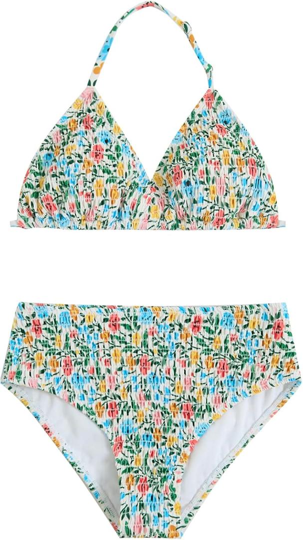 Girl's Tie Dye Smocked 2 Piece Swimwear Sets Backless Halter Bikini Cute Brief Bathing Suit (Floral Multicolor)