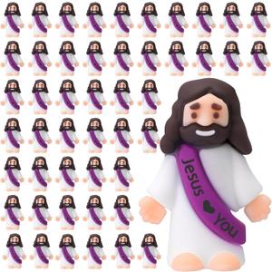 Bememo 50 Pcs Mini Jesus Figures Jesus Loves You Christ Toys Little Christ Figures to Hide and Seek Sunday School Religious Party Favors Gift(Purple)
