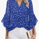 Timeson Women's 3/4 Sleeve Tops Dressy Casual Business Work Blouses Chiffon Office Shirts Size L, Blue