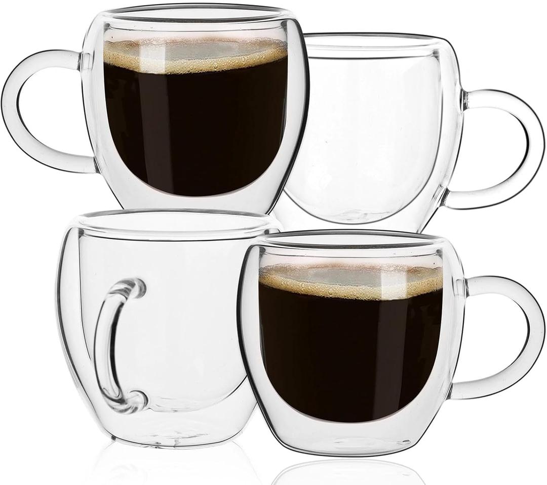 2.5oz Espresso Cups Set of 4, Small Expresso Coffee Cup, Expresso Shot Glass with Handle, Double Wall Insulated Espresso Mugs,Tazas de Cafe Expreso, Fit for Espresso Machine Accessories, Clear