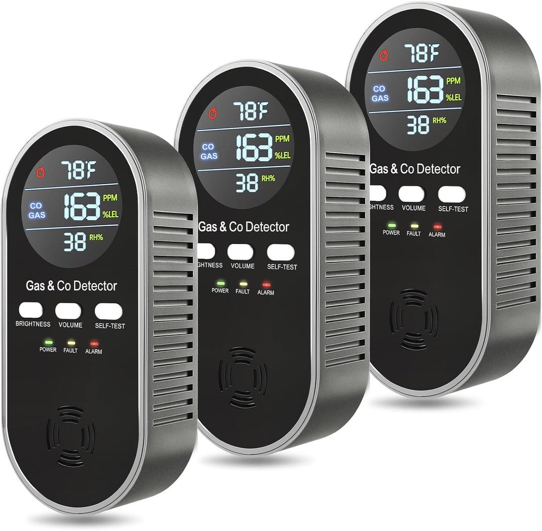 5 in 1 CO & Combustible Gas Detector with Digital Display | Plug-in + 9V Battery Backup | Adjustable Alerts & Self-Test | Carbon Monoxide Detectors for Home, Kitchen, RV (3-Pack)