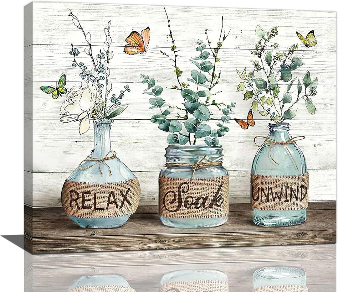 Farmhouse Bathroom Decor Wall Art Rustic Botanical Bathroom Pictures Canvas Print Bathroom Relax Soak Unwind Eucalyptus Butterfly Painting Prints Framed Artwork Decor for Bathroom 16"x20" (20L" x 16W", Leaf)