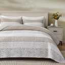 Chezmoi Collection Robyn 2-Piece Neutral Taupe Gray White Floral Hibiscus Flower Patchwork Striped Quilt Set - Pre-Washed Cotton Coverlet - Lightweight Reversible Bedspread, Twin Size