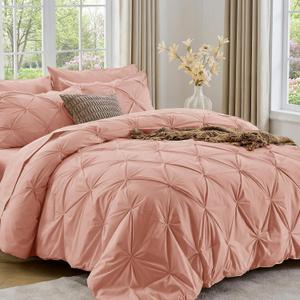 Sasttie Full Size Comforter Set, 7-Piece Bed in a Bag Double, Pintuck Bedding Set for All Season, Includes Comforter, Flat Sheet, Fitted Sheet, Pillowcases and Pillowshams, Blush