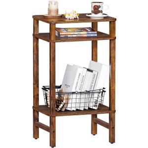28in Tall Side Table 3-Tier Small Narrow End Table for Couch, Skinny Nightstand for Small Space, Farmhouse Slim Night Stand with Storage, Wooden Frame Thin Bedside Table, for Living Room, Brown