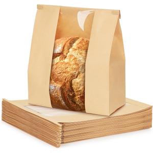50 Pack Paper Bread Bags for Homemade Bread, 7x311 Inches Resealable Tin Tie Tab Bakery Bags with Window for Round Sourdough, Cookies, Loaves, Bagels | Grease Resistant