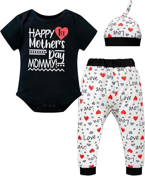 DANBAIEGG My 1st Happy Mother's Day Outfit Newborn Baby boy Clothes Short Sleeve Pant +Hat(12-18M)