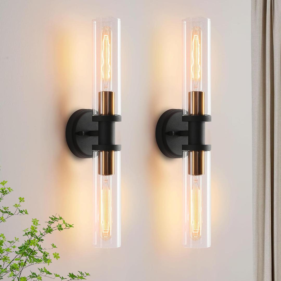 Black and Brass Gold Wall Sconces Set of Two with Clear Glass Shade - Indoor Wall Decor Set of 2 (28in, black and brass gold clear glass)
