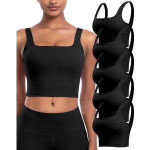 Womens Sports Bras 5 Packs - Square Neck Longline Workout Crop Tank Tops Padded Yoga Camisole with Built in Pads (Large, 5 Packs - Black)