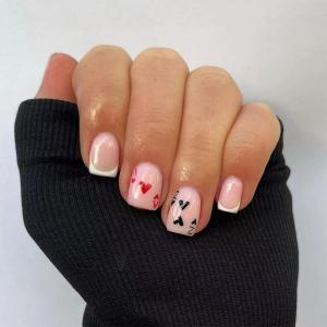 White French Tip Press on Nails Short Square Glue on Nails Valentine Fake Nails Peach Heart Poker False Nails with Designs Full Cover Acrylic Cute Artificial Nail for Women Girls 24Pcs