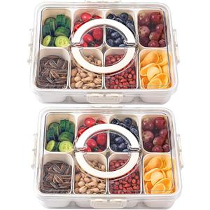 shopwithgreen 2Pcs Divided Serving Tray with Lid and Handle, Portable Snackle Box Snack Containers for Charcuterie, Party, Veggies, Snack, Fruit, Nuts, Candy, Chip, Entertaining, Picnic (8 Compartments-2pcs, White)