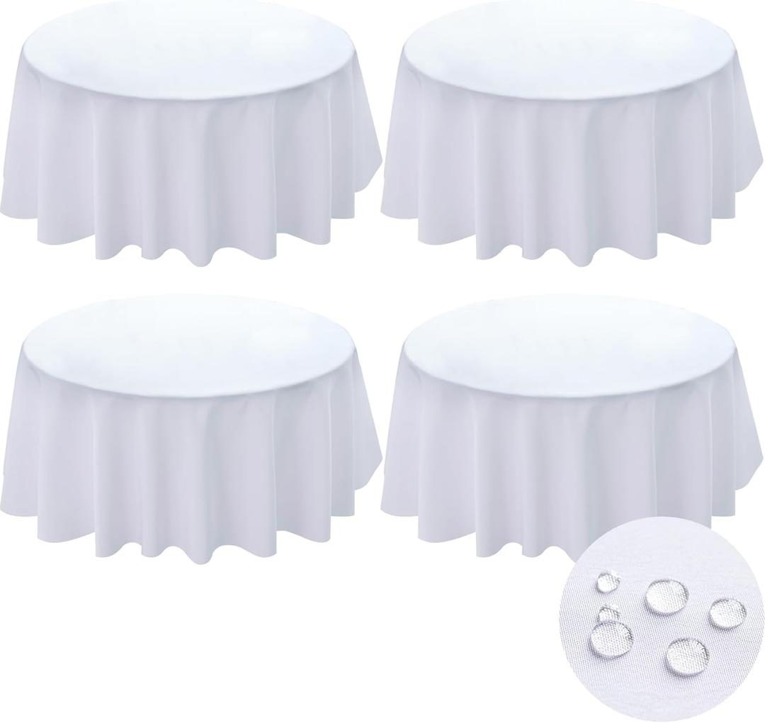 BYDOLL Table Cloth Round 60 Inch Fits Max50 Inch Diameter Top,4 Pack White Washable Outdoor Winkle and Stain Resistant Spillproof Polyester Tablecloth for Round Tables Party Cover