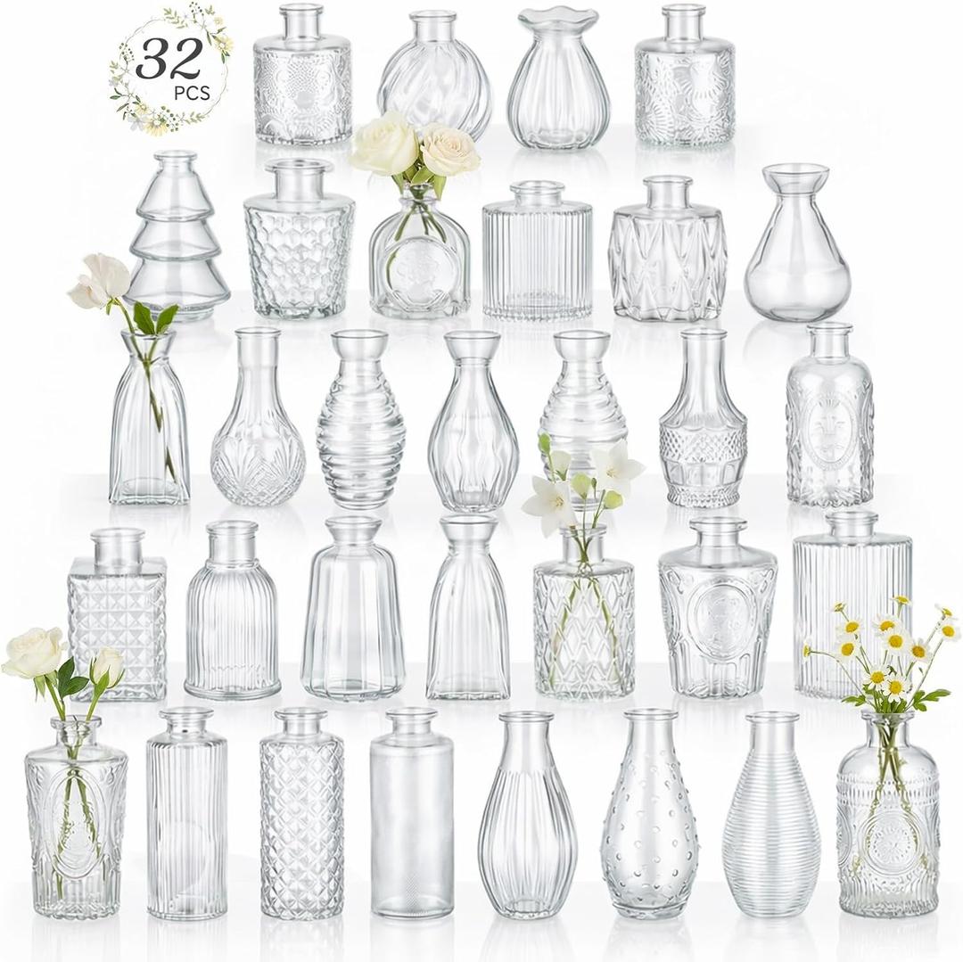 RUCKAE 32 Pack Flower Vase Mini Glass Bud Vases Vintage Small Vases for Centerpiece Table Wedding Decorations Home Decor Party (Transparent)