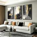 Large Framed Black Gold Canvas Wall Art for Living Room, Set of 3, 24x36 In