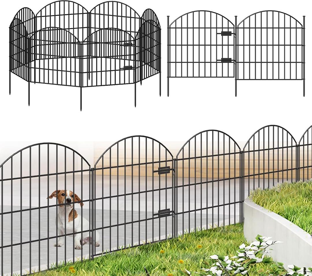 FOREHOGAR Metal Garden Fence with Gate 28in (H) x 18.7ft (L), 1 Gate + 7 Panels Dog Fence Border Fence Animal Barrier, No Dig Garden Fencing for Yard Flower Bed Lawn Patio Outdoor, ECG2829 Black