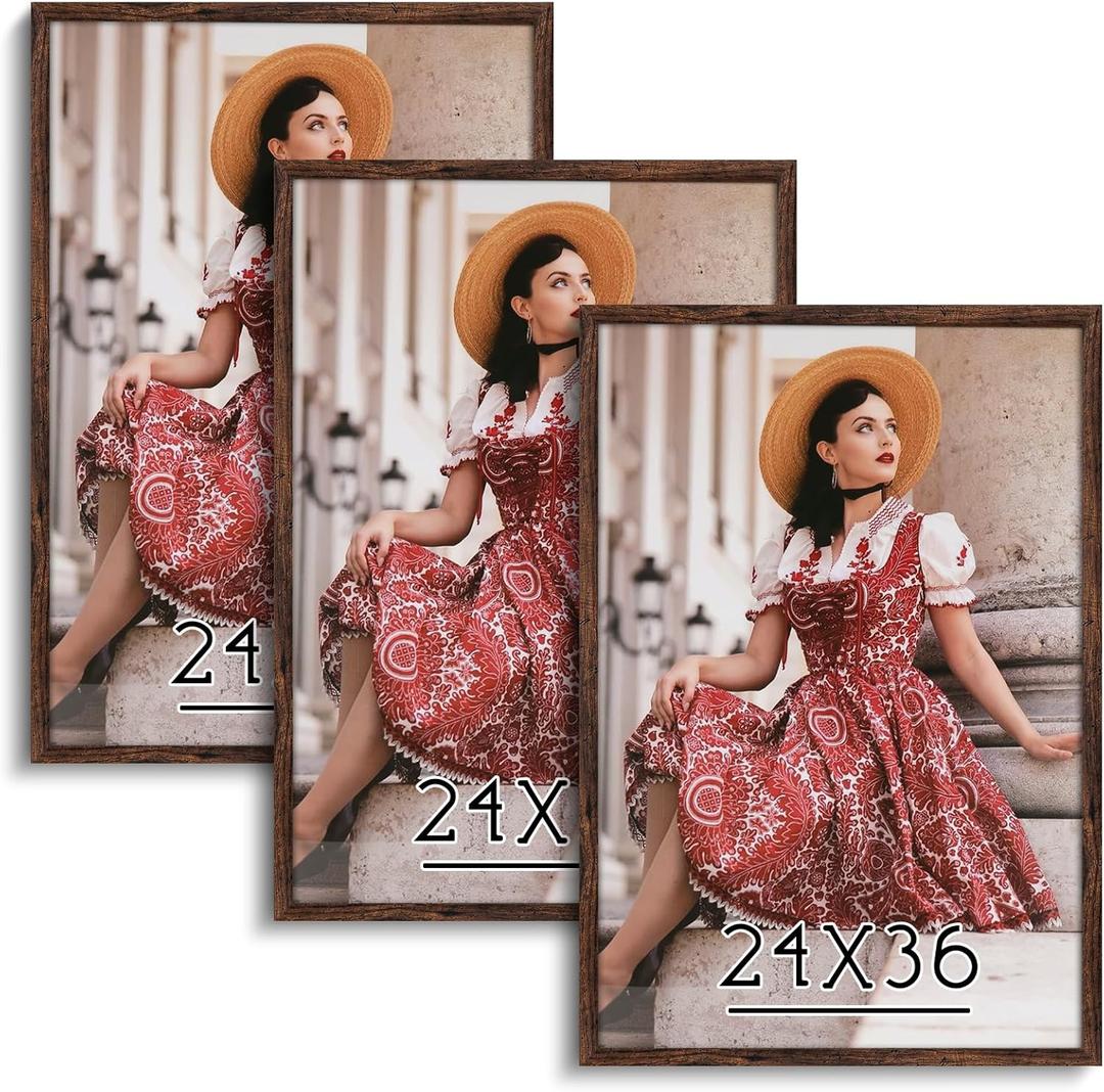 Dark Brown 24x36 Frame Set of 3 - Rustic Woodgrain 24 x 36 Poster Frame with Plexiglass for Wall Gallery Display, 24x36 Picture Frame for Puzzles, Artwork, Photos and Posters - Ideal Christmas Day