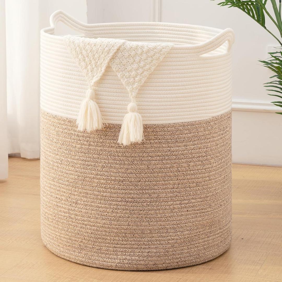 Laundry Basket, 100L Large Laundry Hamper, Tall Woven Rope Storage Basket for Blanket Toys Pillows Towels, Baby Nursery Hamper Bin for Living Room, Bedroom (Brown & White)