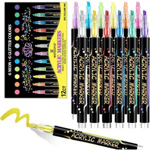 2 x 12 Colors Acrylic Paint Markers, 6 Glitter & 6 Neon Fluorescent Pens, Innovative Light-Valve Tech for Instant Flow, Fine Chisel Tip Paint Pens for Journaling, Rock Painting, Cards & DIY Projects
