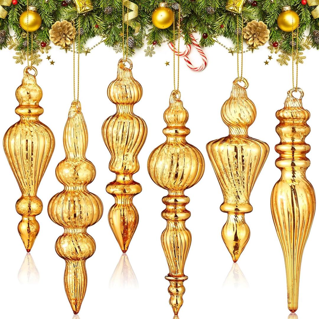 Soaoo 6 Pcs 6.3 Inch Champagne Gold Mercury Glass Finial Christmas Ornaments Hanging Christmas Finials Glass Ornaments Assorted Mercury Decor for Xmas Tree Vintage Holiday Decoration(Classic)